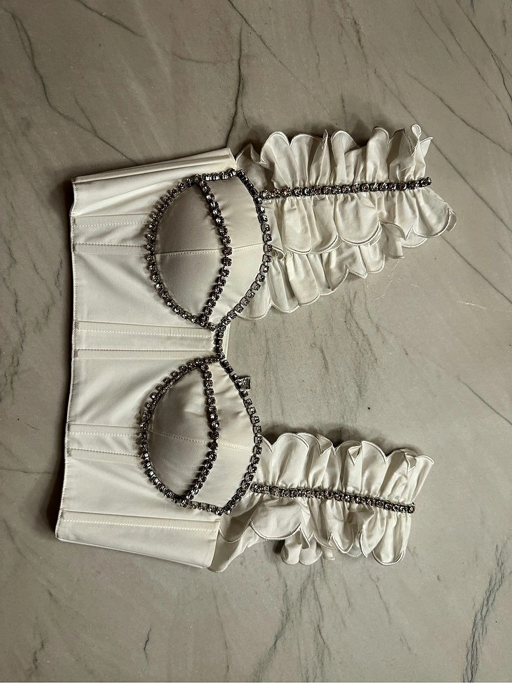 AREA Rhinestone Ruffle Crop Top in White - Picture 4 of 6